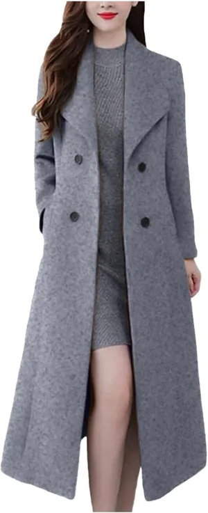Womens Wool Trench Coat Casual Fall Winter Warm Jacket Notch Lapel Single-Breasted Long Peacoat Overcoats