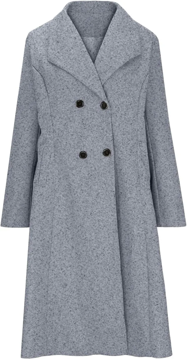 Womens Wool Trench Coat Casual Fall Winter Warm Jacket Notch Lapel Single-Breasted Long Peacoat Overcoats