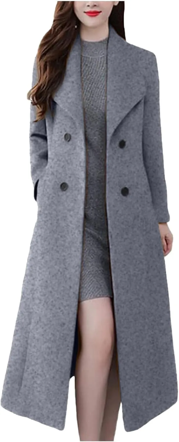 Womens Wool Trench Coat Casual Fall Winter Warm Jacket Notch Lapel Single-Breasted Long Peacoat Overcoats