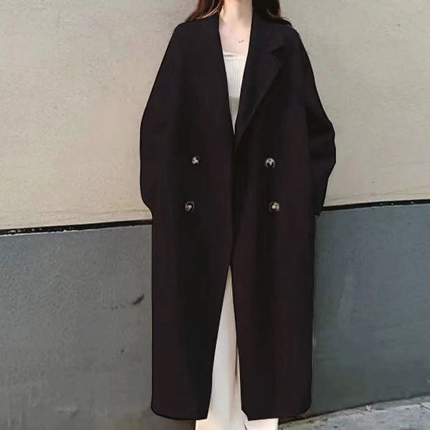 Womens Wool Trench Coat Winter Warm Wool Blend Pea Coat Double Breasted Notched Lapel Oversized Long Jackets