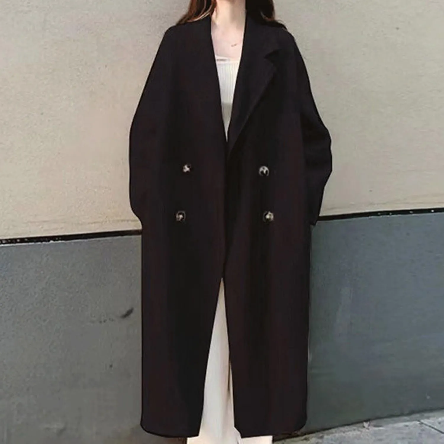 Womens Wool Trench Coat Winter Warm Wool Blend Pea Coat Double Breasted Notched Lapel Oversized Long Jackets