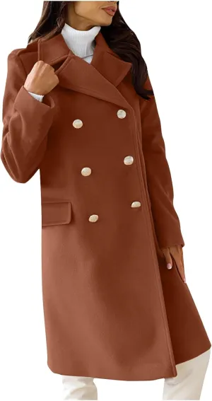 Wool Blend Trench Coat for Women Mid Long Length Office Overcoat Elegant Lapel Collar Belted Pea Coats With Pockets