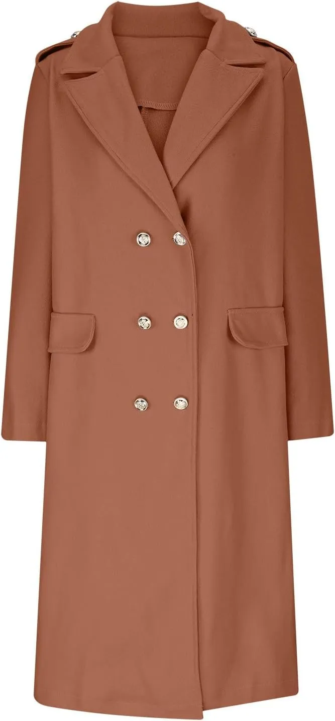 Wool Blend Trench Coat for Women Mid Long Length Office Overcoat Elegant Lapel Collar Belted Pea Coats With Pockets