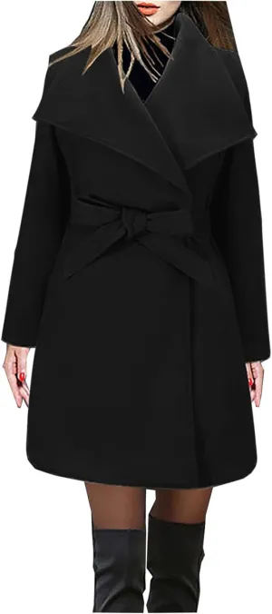 Wool Coats for Women Casual Long Winter Pea Coats Open Front Belted Elegant Trench Coat Dress Coats Outwear