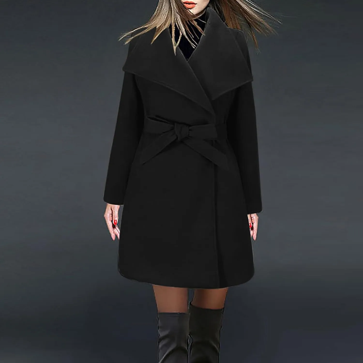 Wool Coats for Women Casual Long Winter Pea Coats Open Front Belted Elegant Trench Coat Dress Coats Outwear