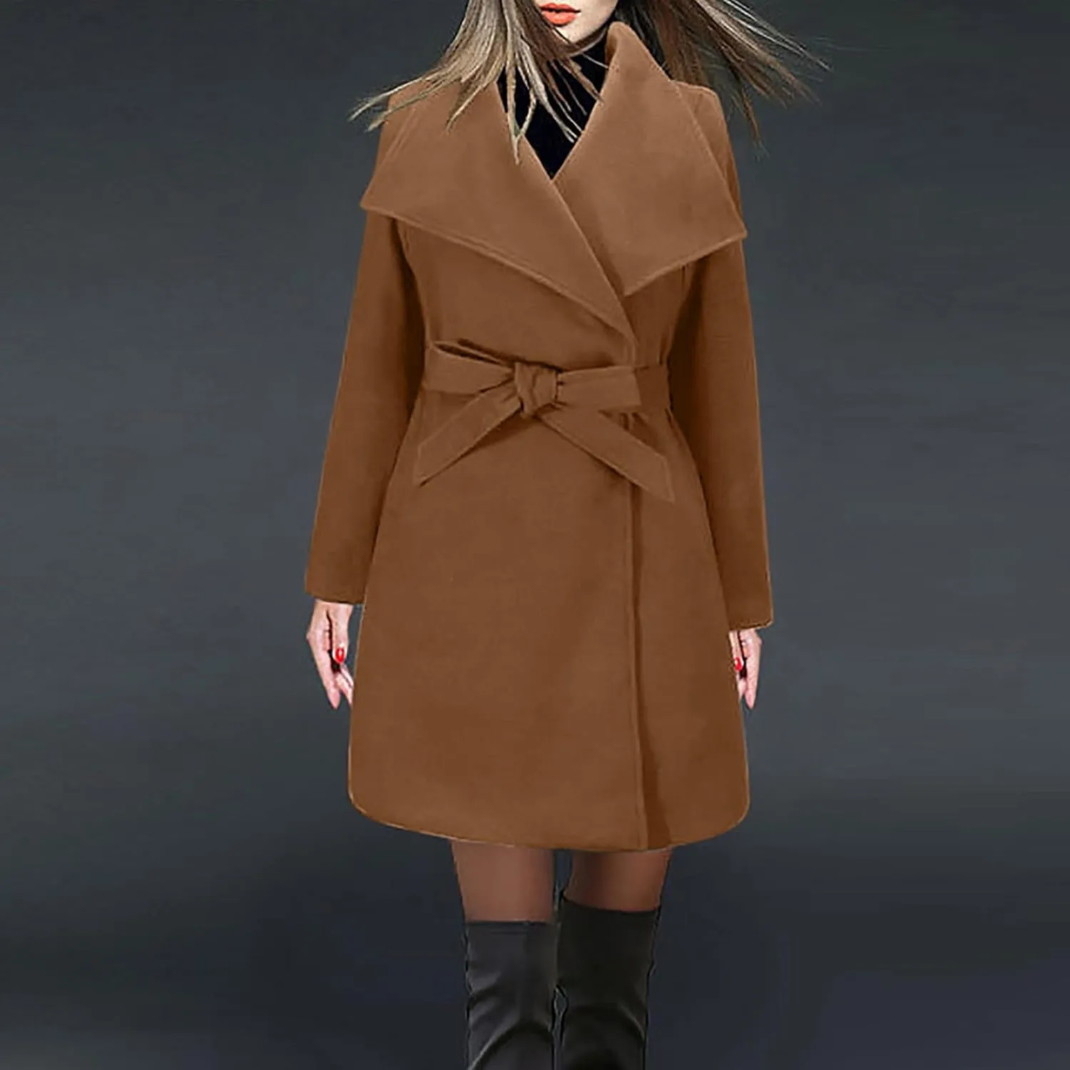 Wool Coats for Women Casual Long Winter Pea Coats Open Front Belted Elegant Trench Coat Dress Coats Outwear