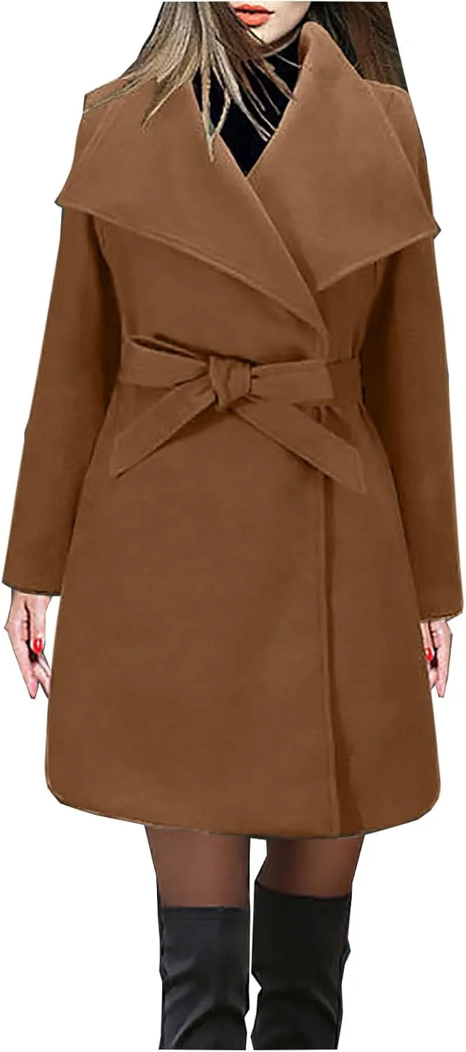 Wool Coats for Women Casual Long Winter Pea Coats Open Front Belted Elegant Trench Coat Dress Coats Outwear