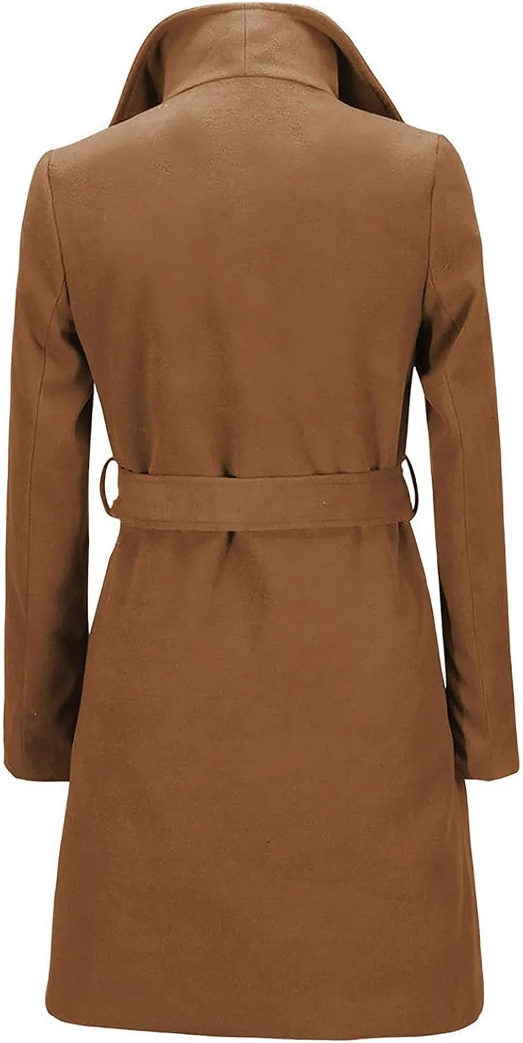 Wool Coats for Women Casual Long Winter Pea Coats Open Front Belted Elegant Trench Coat Dress Coats Outwear