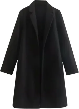 Wool Coats for Women Notched Lapel Open Front Pea Coats Winter Warm Mid Long Thicken Trench Caot Jackets Outwear