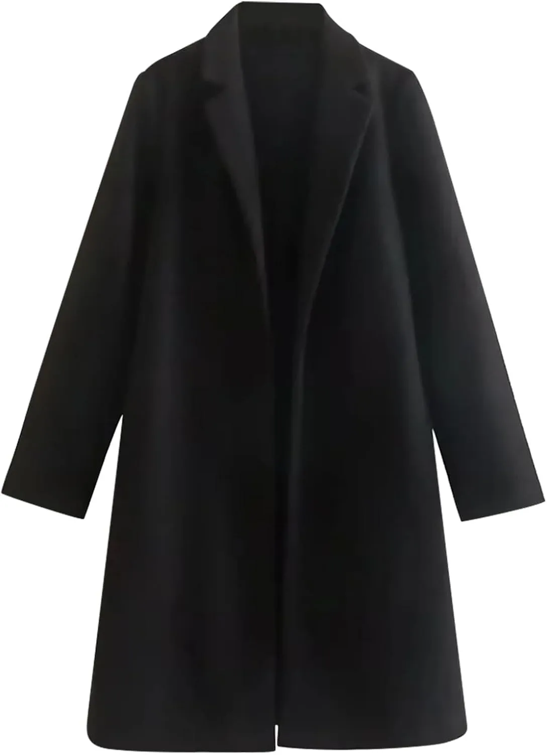 Wool Coats for Women Notched Lapel Open Front Pea Coats Winter Warm Mid Long Thicken Trench Caot Jackets Outwear
