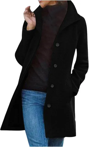Wool Coats for Women Trendy Pea Coat Single Breasted Dress Coats Warm Wool Blazers Casual Winter Jacket with Pockets