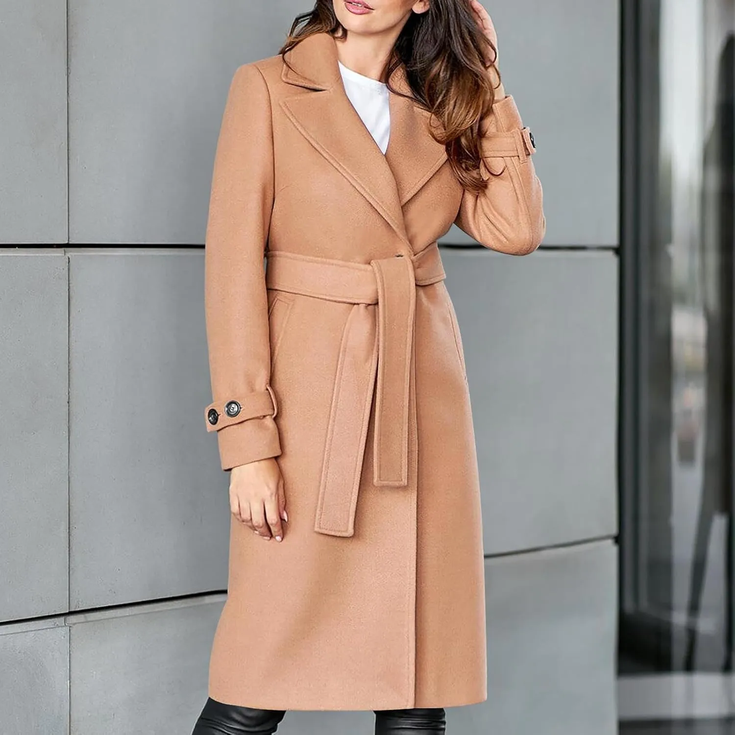 Wool Coats for Women Winter Mid Length Trench Coat Notch Collar Open Front Pea Coat Outerwear With Belt