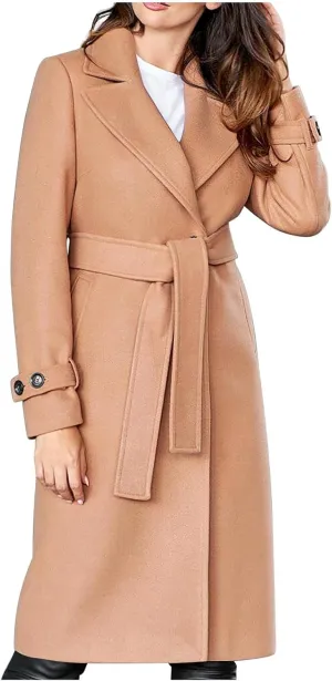 Wool Coats for Women Winter Mid Length Trench Coat Notch Collar Open Front Pea Coat Outerwear With Belt