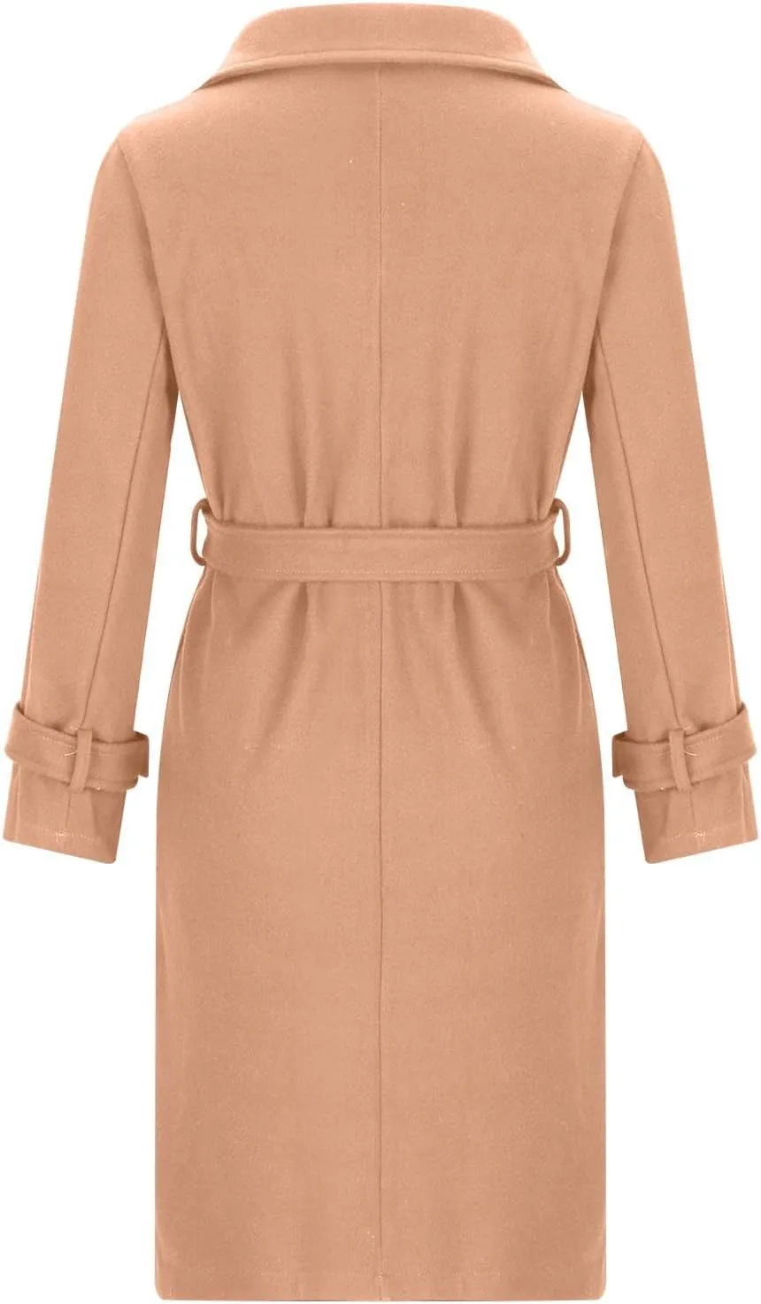 Wool Coats for Women Winter Mid Length Trench Coat Notch Collar Open Front Pea Coat Outerwear With Belt