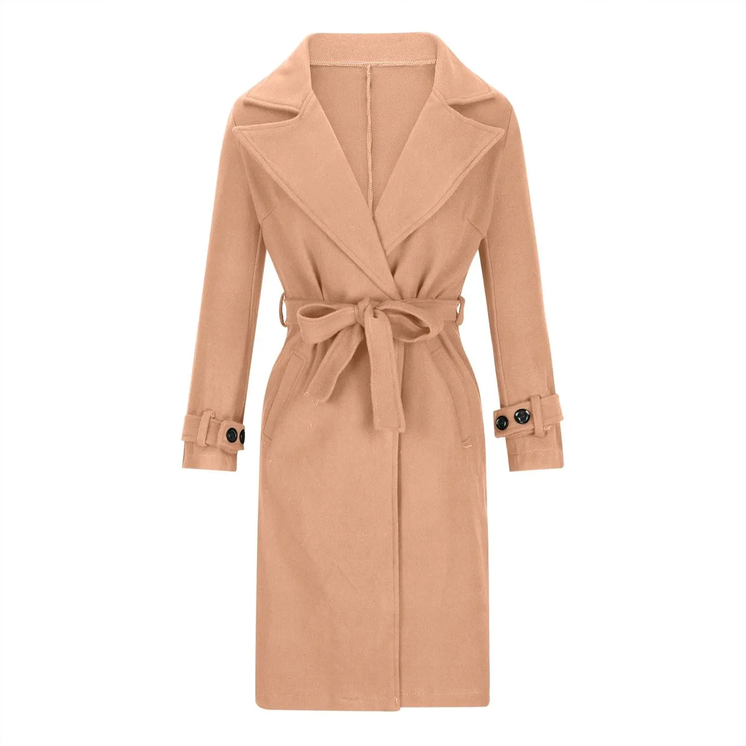 Wool Coats for Women Winter Mid Length Trench Coat Notch Collar Open Front Pea Coat Outerwear With Belt