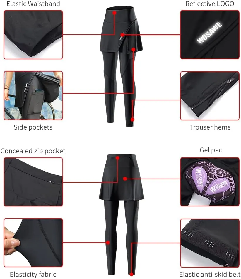 WOSAWE Womens Cycling Skirt with 4D Gel Padded High Waist Skorts Breathable MTB Riding Sports Shorts