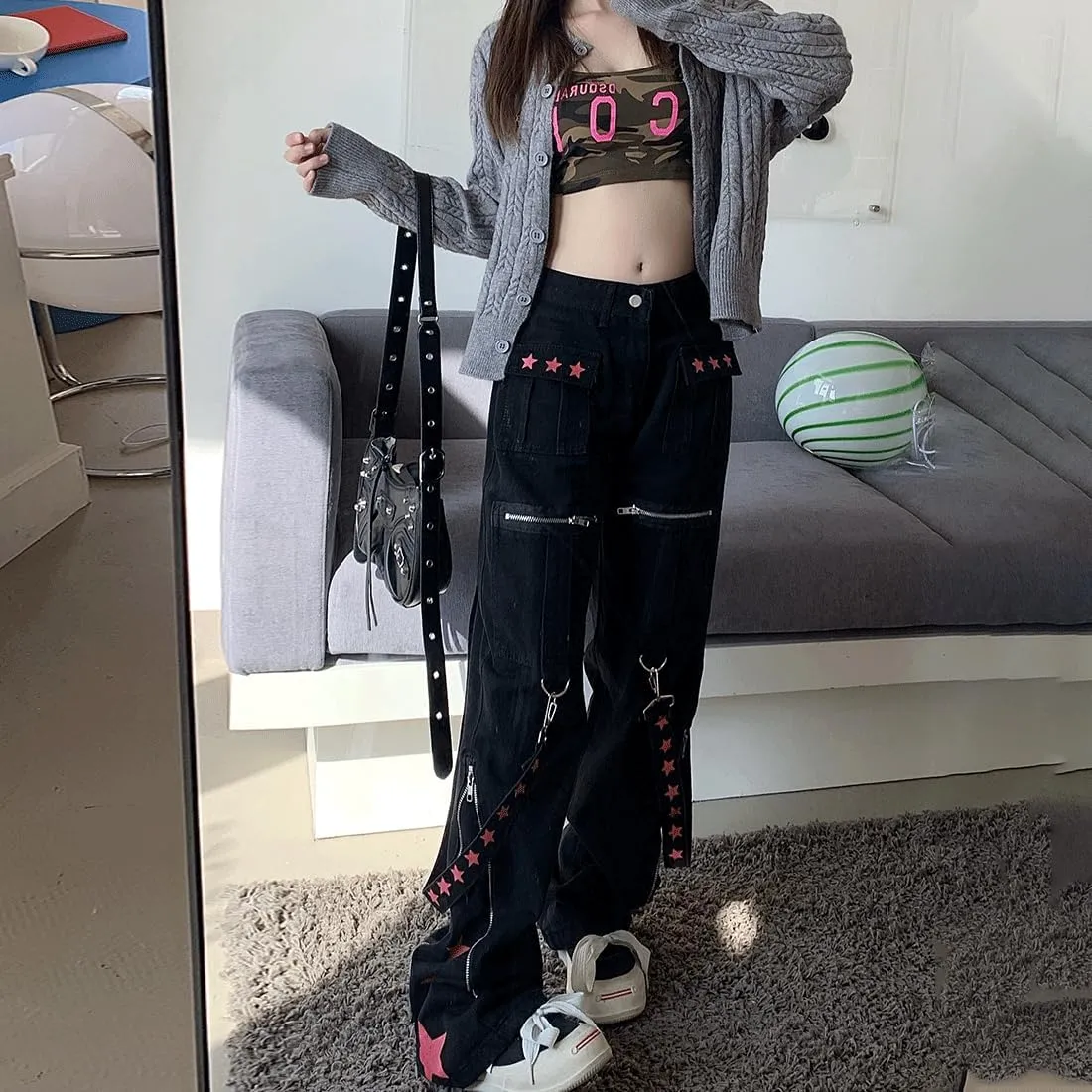 Y2K Grunge Goth Vintage Casual High Waist Straight Wide Leg Zipper Red Star Straps Trim Jeans Cargo Pants