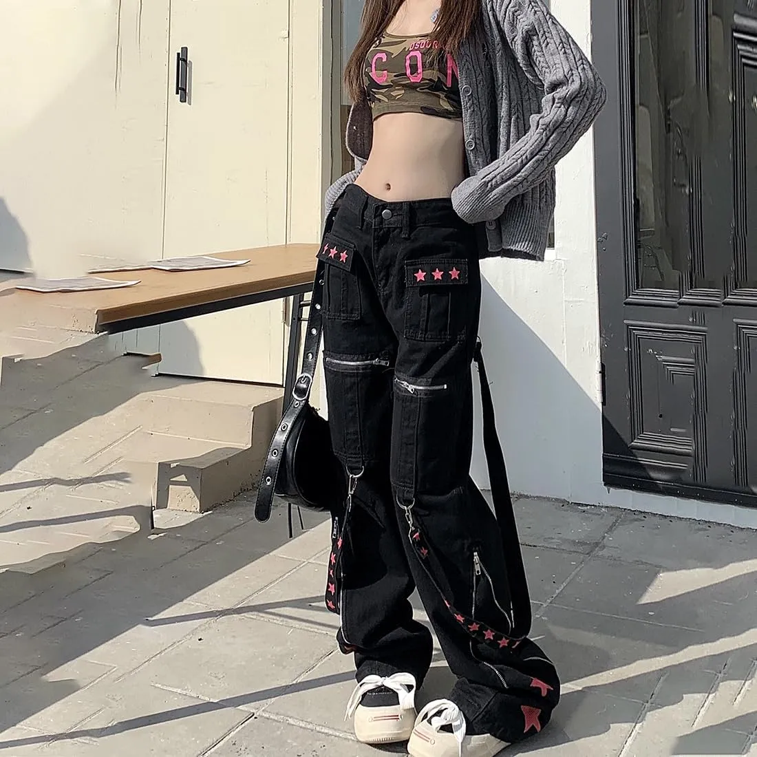 Y2K Grunge Goth Vintage Casual High Waist Straight Wide Leg Zipper Red Star Straps Trim Jeans Cargo Pants