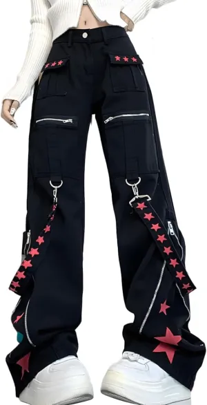 Y2K Grunge Goth Vintage Casual High Waist Straight Wide Leg Zipper Red Star Straps Trim Jeans Cargo Pants