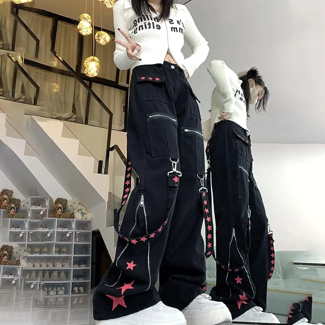 Y2K Grunge Goth Vintage Casual High Waist Straight Wide Leg Zipper Red Star Straps Trim Jeans Cargo Pants