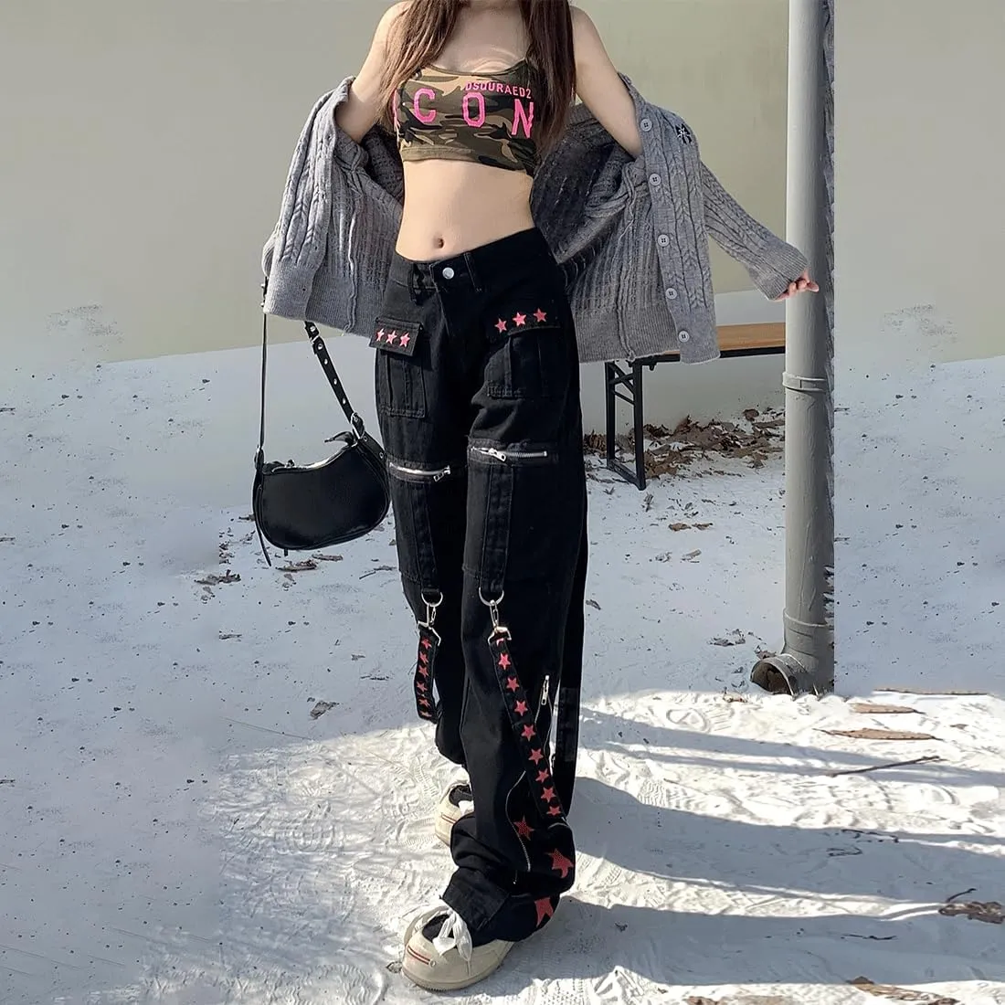 Y2K Grunge Goth Vintage Casual High Waist Straight Wide Leg Zipper Red Star Straps Trim Jeans Cargo Pants