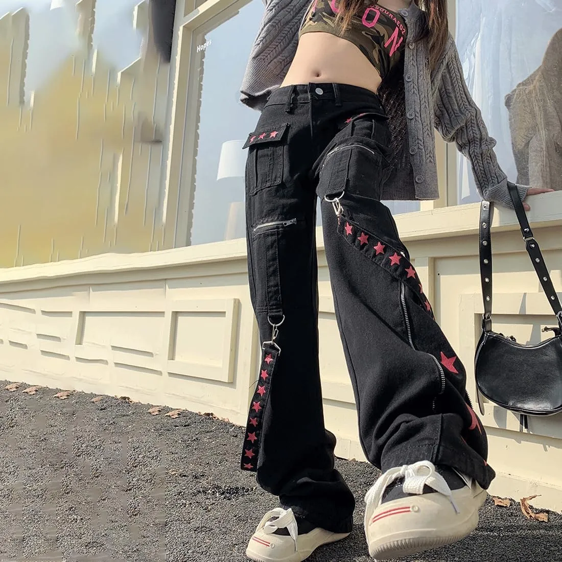 Y2K Grunge Goth Vintage Casual High Waist Straight Wide Leg Zipper Red Star Straps Trim Jeans Cargo Pants