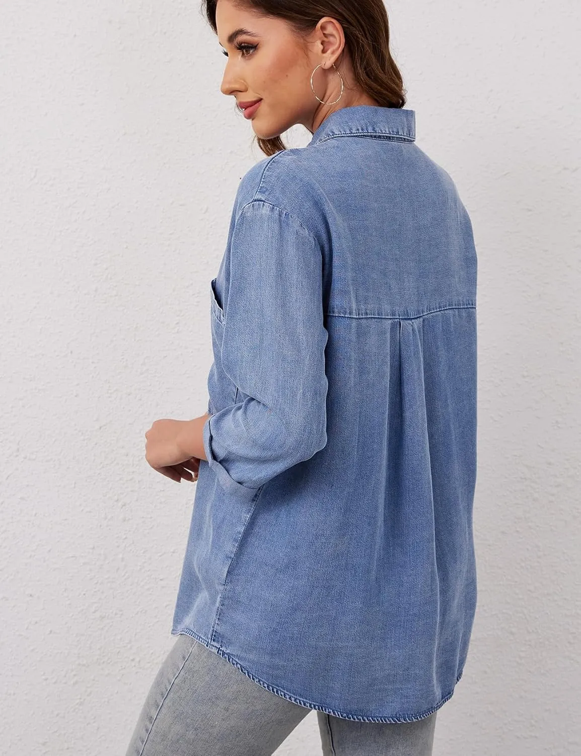 Yimoon Womens Denim Shirt Chambray Blue Button Down Jean Shirt Denim Tops Soft Tencel Casual 3/4 Sleeve Jacket