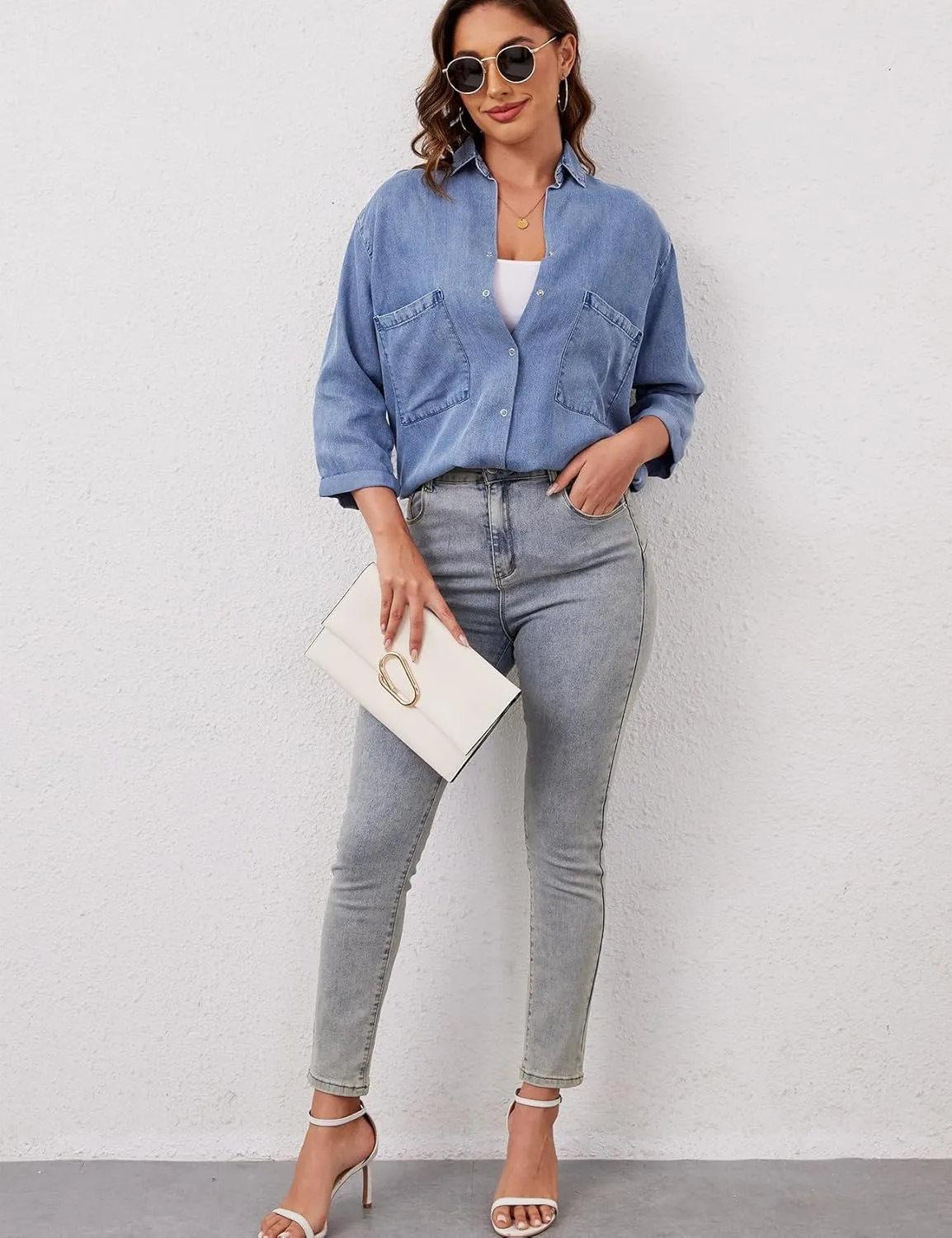 Yimoon Womens Denim Shirt Chambray Blue Button Down Jean Shirt Denim Tops Soft Tencel Casual 3/4 Sleeve Jacket