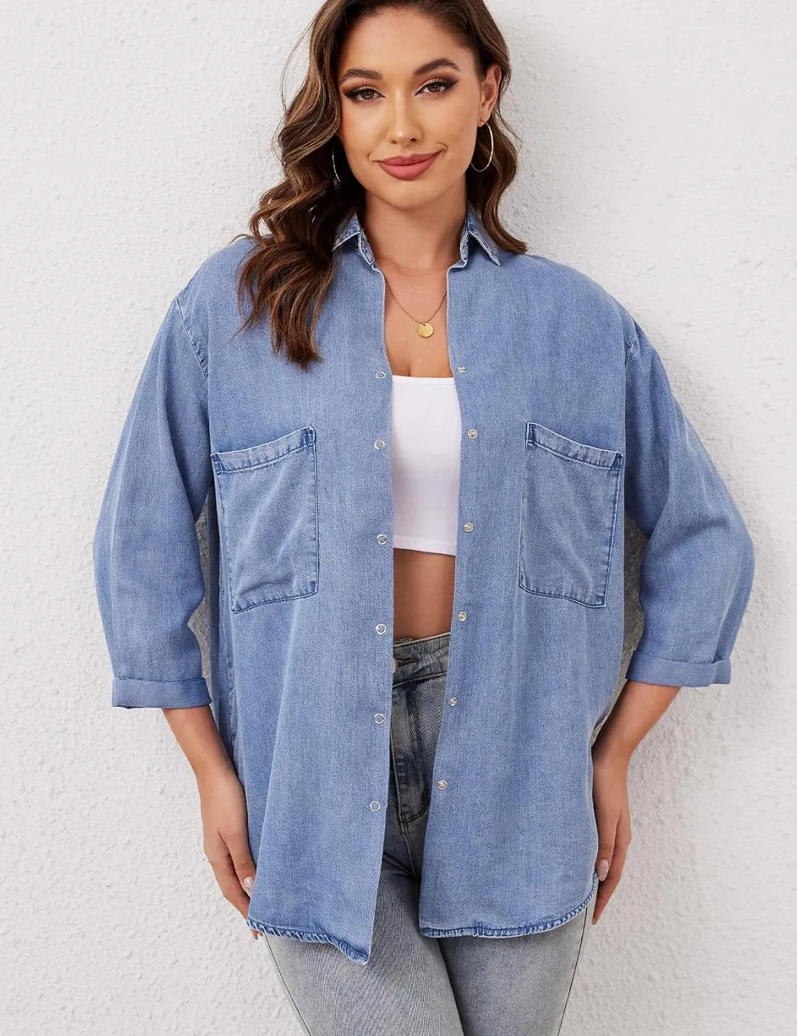 Yimoon Womens Denim Shirt Chambray Blue Button Down Jean Shirt Denim Tops Soft Tencel Casual 3/4 Sleeve Jacket