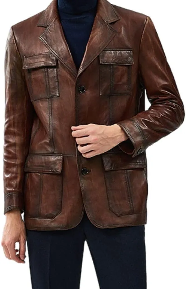 Yolo Jackets Men's Soft Italian Genuine Lambskin Vintage Brown Blazer - Cowboy Western Style Leather Blazer Sport Coat Men