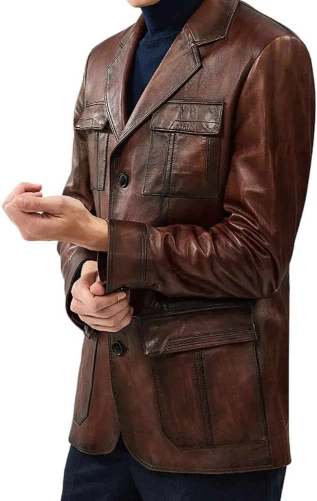 Yolo Jackets Men's Soft Italian Genuine Lambskin Vintage Brown Blazer - Cowboy Western Style Leather Blazer Sport Coat Men
