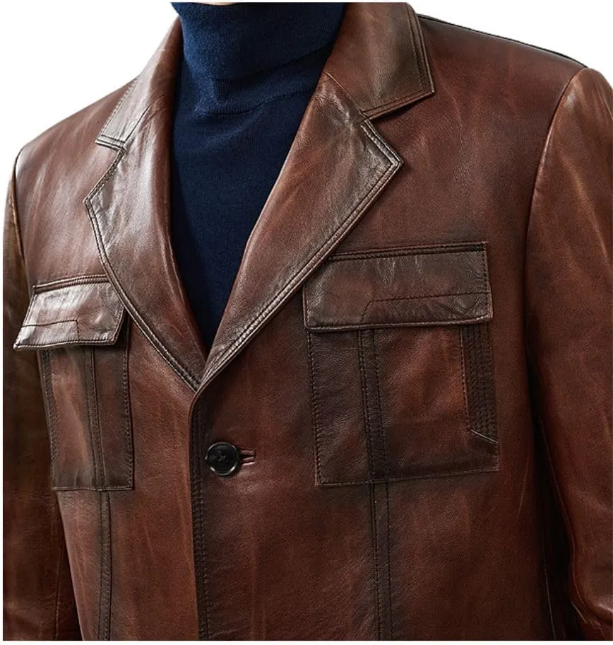 Yolo Jackets Men's Soft Italian Genuine Lambskin Vintage Brown Blazer - Cowboy Western Style Leather Blazer Sport Coat Men
