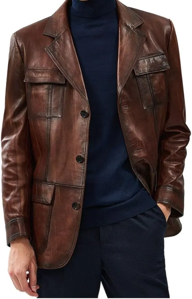 Yolo Jackets Men's Soft Italian Genuine Lambskin Vintage Brown Blazer - Cowboy Western Style Leather Blazer Sport Coat Men