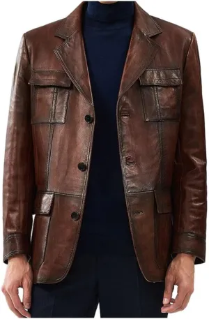 Yolo Jackets Men's Soft Italian Genuine Lambskin Vintage Brown Blazer - Cowboy Western Style Leather Blazer Sport Coat Men