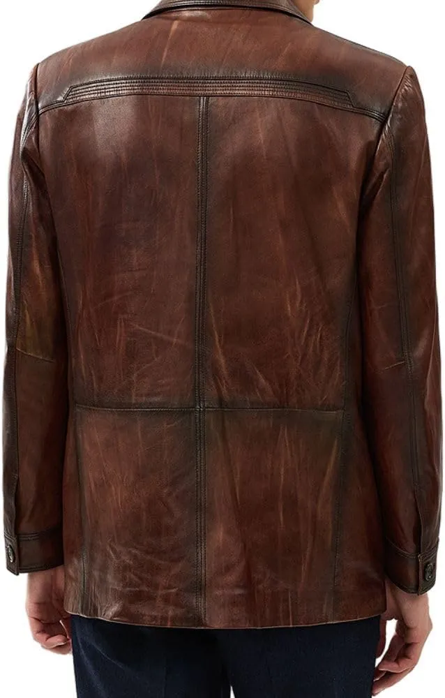 Yolo Jackets Men's Soft Italian Genuine Lambskin Vintage Brown Blazer - Cowboy Western Style Leather Blazer Sport Coat Men