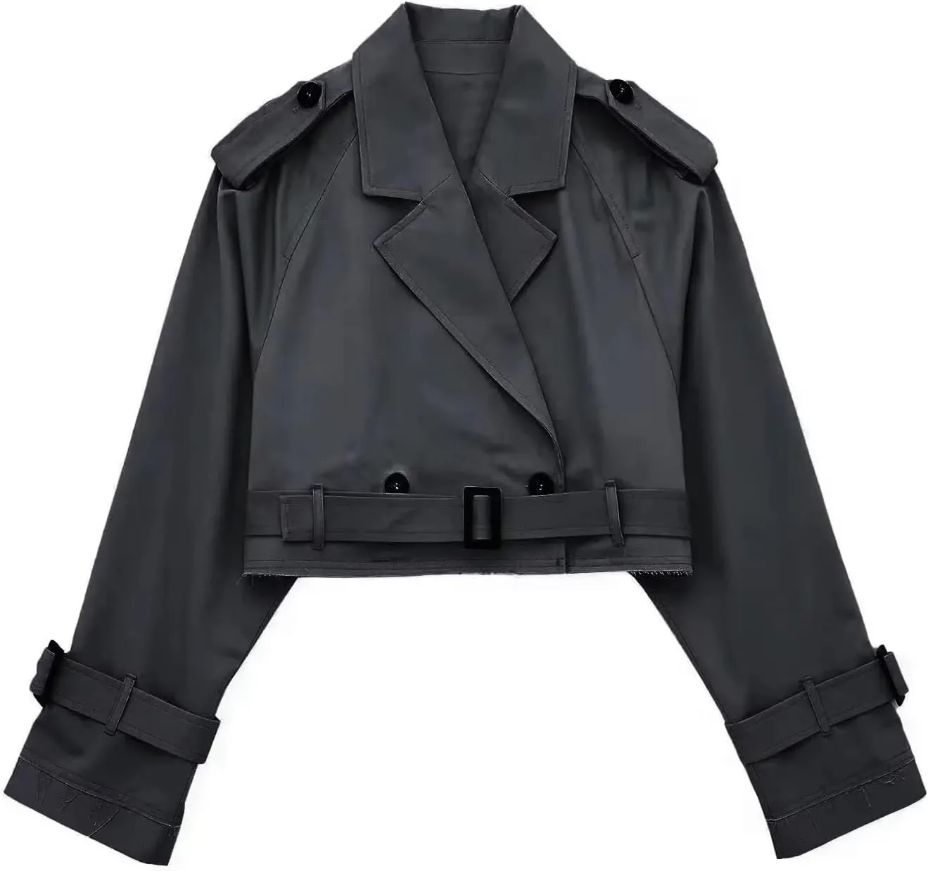 YRAETENM Cropped Trench Coat for Women Lightweight Lapel Double Breasted Short Jacket Belted Long Sleeve Fall Fashion Outwear