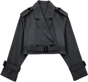 YRAETENM Cropped Trench Coat for Women Lightweight Lapel Double Breasted Short Jacket Belted Long Sleeve Fall Fashion Outwear