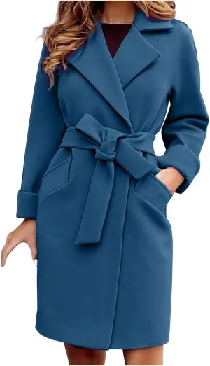 YRAETENM Long Wool Coats for Women Fall Winter Long Sleeve Notch Lapel Trench Coats Plus Size Casual Thick Belted Overcoat