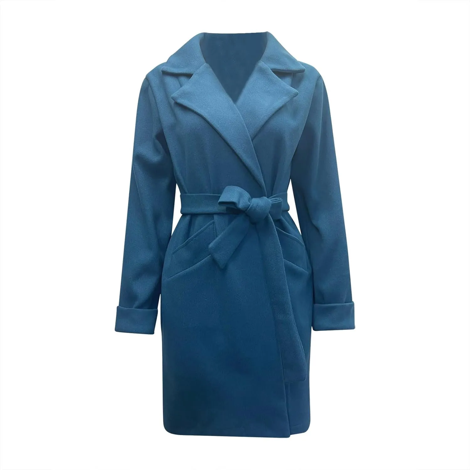 YRAETENM Long Wool Coats for Women Fall Winter Long Sleeve Notch Lapel Trench Coats Plus Size Casual Thick Belted Overcoat