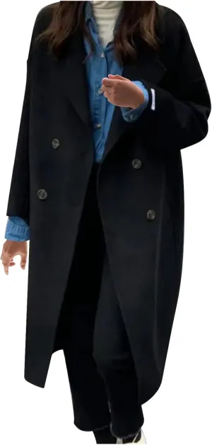 YRAETENM Trench Coat Women Double Breasted Wool Coat Long Sleeve Notch Lapel Mid Long Pea Coat Winter Overcoat with Pockets