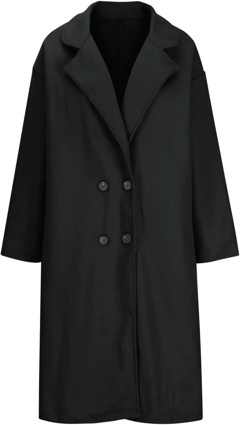 YRAETENM Trench Coat Women Double Breasted Wool Coat Long Sleeve Notch Lapel Mid Long Pea Coat Winter Overcoat with Pockets