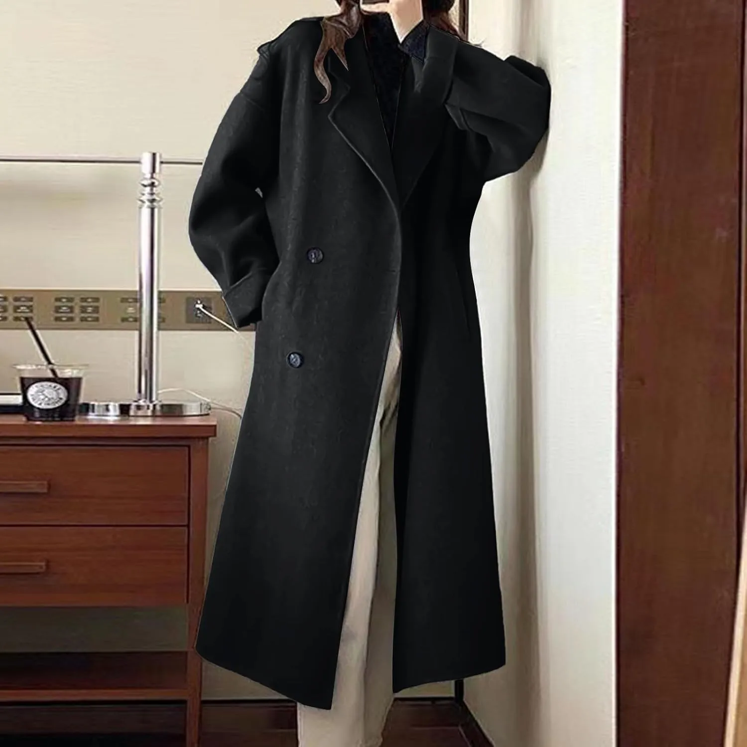 YRAETENM Trench Coat Women Double Breasted Wool Coat Long Sleeve Notch Lapel Mid Long Pea Coat Winter Overcoat with Pockets