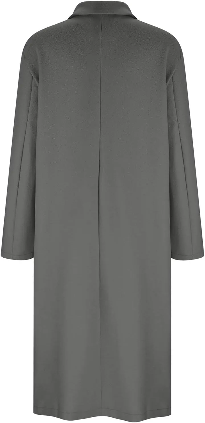 YRAETENM Trench Coat Women Oversized Notch Lapel Mid Long Wool Blend Coat Business Casual Fall Winter Pea Coat with Pockets