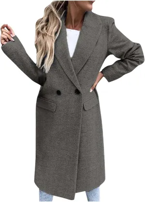 YRAETENM Trench Coat Women Oversized Notch Lapel Mid Long Wool Blend Coat Business Casual Fall Winter Pea Coat with Pockets