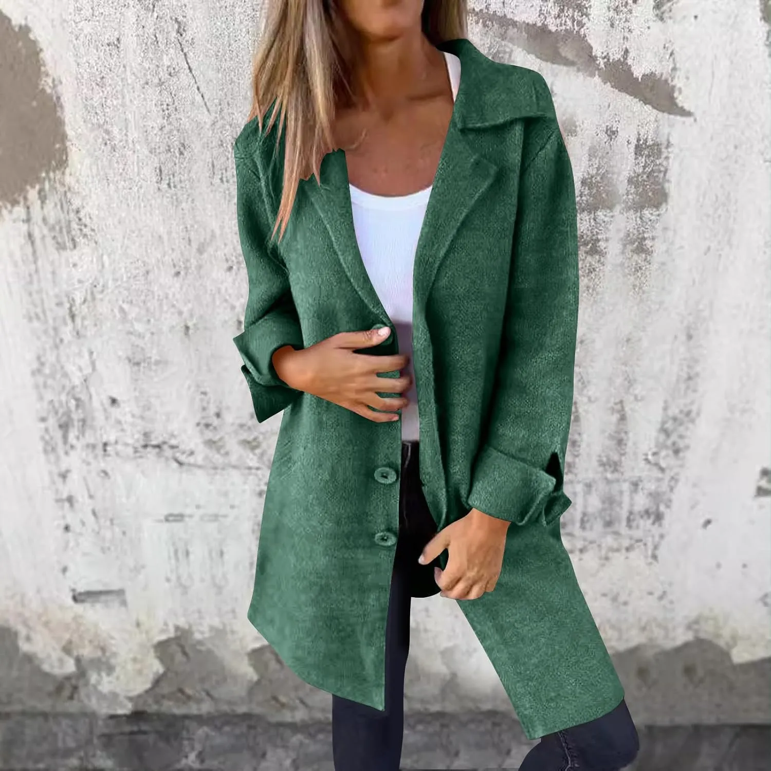 YRAETENM Trench Coat Women Single Breasted Notch Lapel Wool Coats Casual Mid Long Solid Color Jackets Fall Winter Outwear