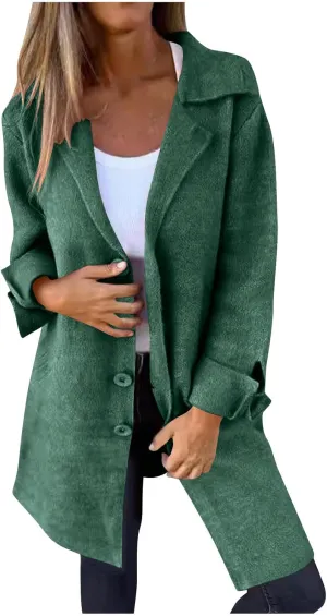 YRAETENM Trench Coat Women Single Breasted Notch Lapel Wool Coats Casual Mid Long Solid Color Jackets Fall Winter Outwear