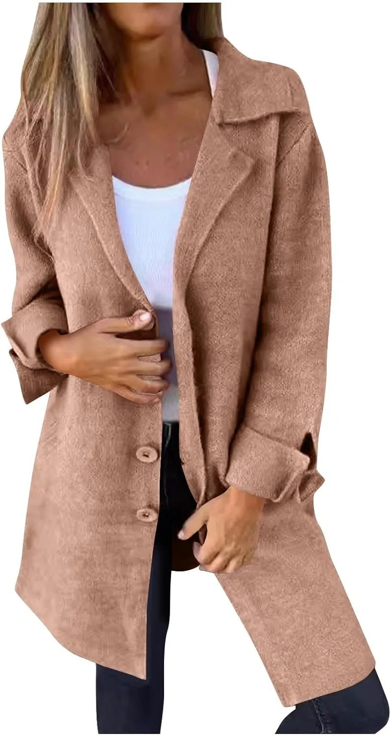 YRAETENM Trench Coat Women Single Breasted Notch Lapel Wool Coats Casual Mid Long Solid Color Jackets Fall Winter Outwear