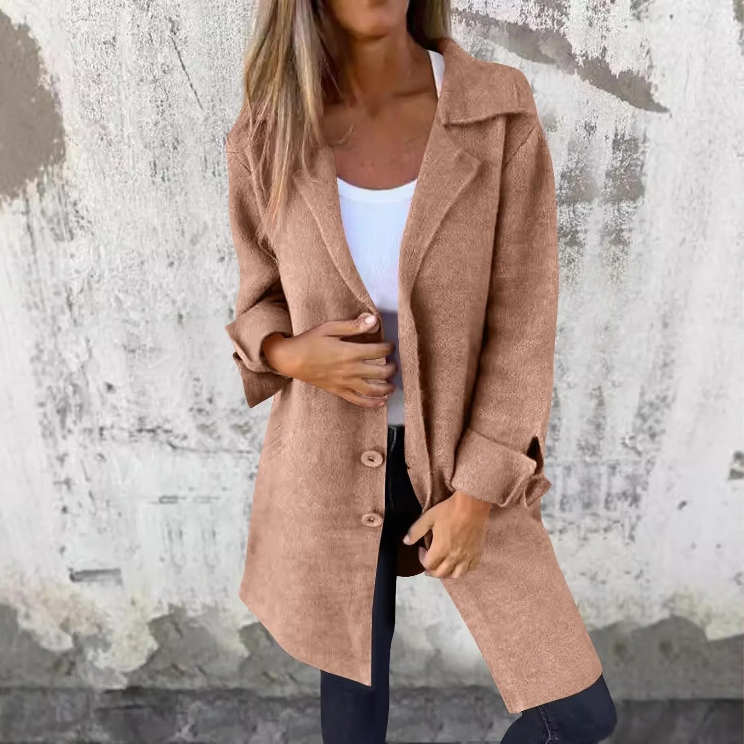 YRAETENM Trench Coat Women Single Breasted Notch Lapel Wool Coats Casual Mid Long Solid Color Jackets Fall Winter Outwear