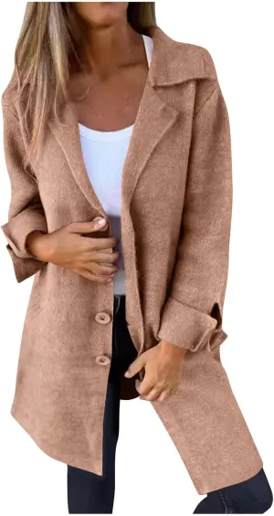 YRAETENM Trench Coat Women Single Breasted Notch Lapel Wool Coats Casual Mid Long Solid Color Jackets Fall Winter Outwear