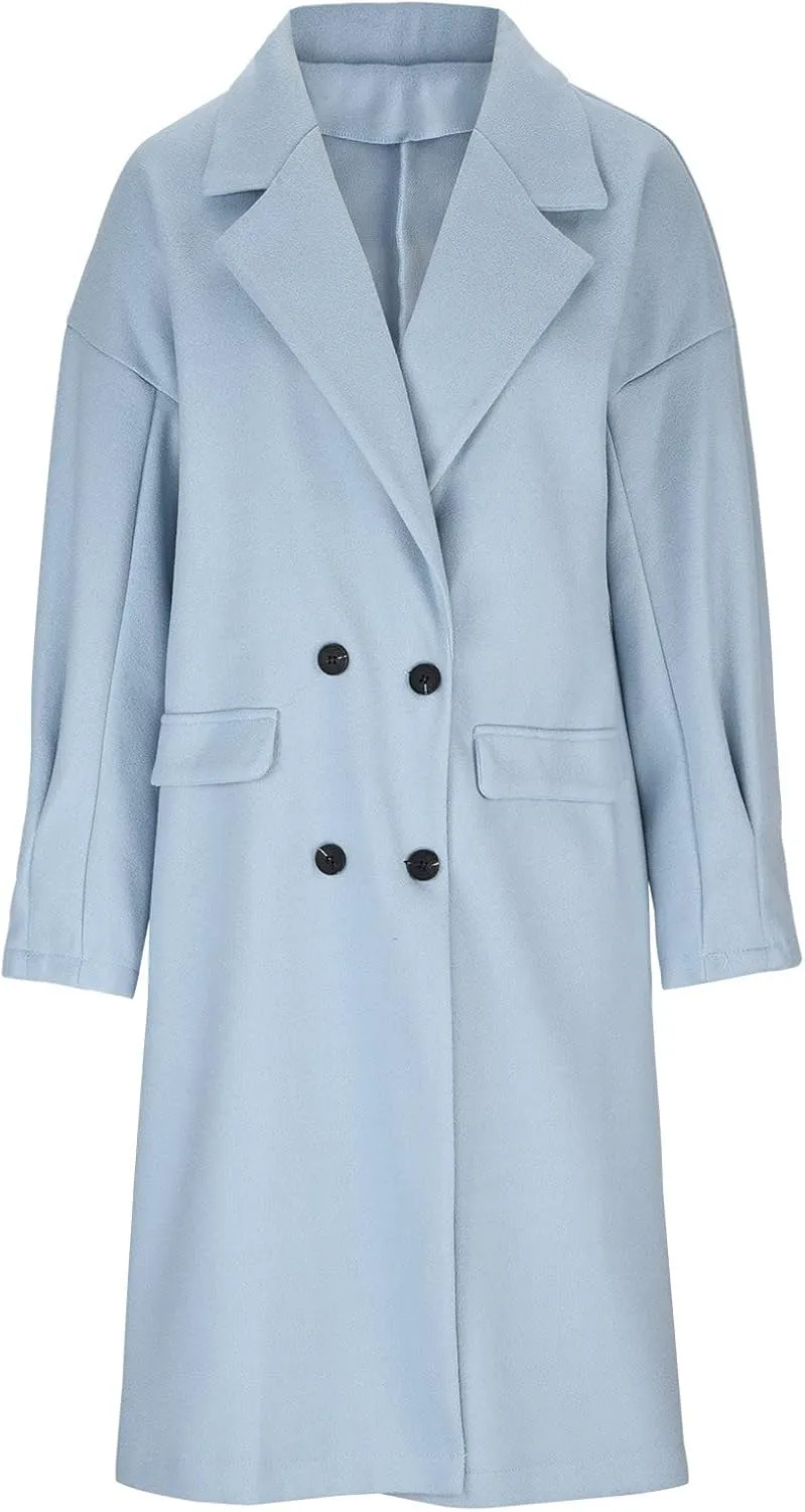 YRAETENM Trench Coat Women Winter Notched Lapel Double Breasted Jackets Casual Classic Long Pea Coat Wool Blend Overcoats